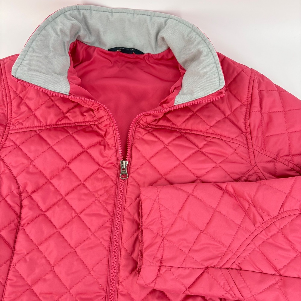Lands End Quilted Jacket Womens Medium 10-12 Pink Full Zip Fleece Collar Puffer